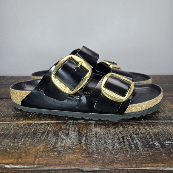 Birkenstock Arizona Big Buckle Womens Size 6 EU 37 Narrow Sandals Black Gold - Picture 1 of 11